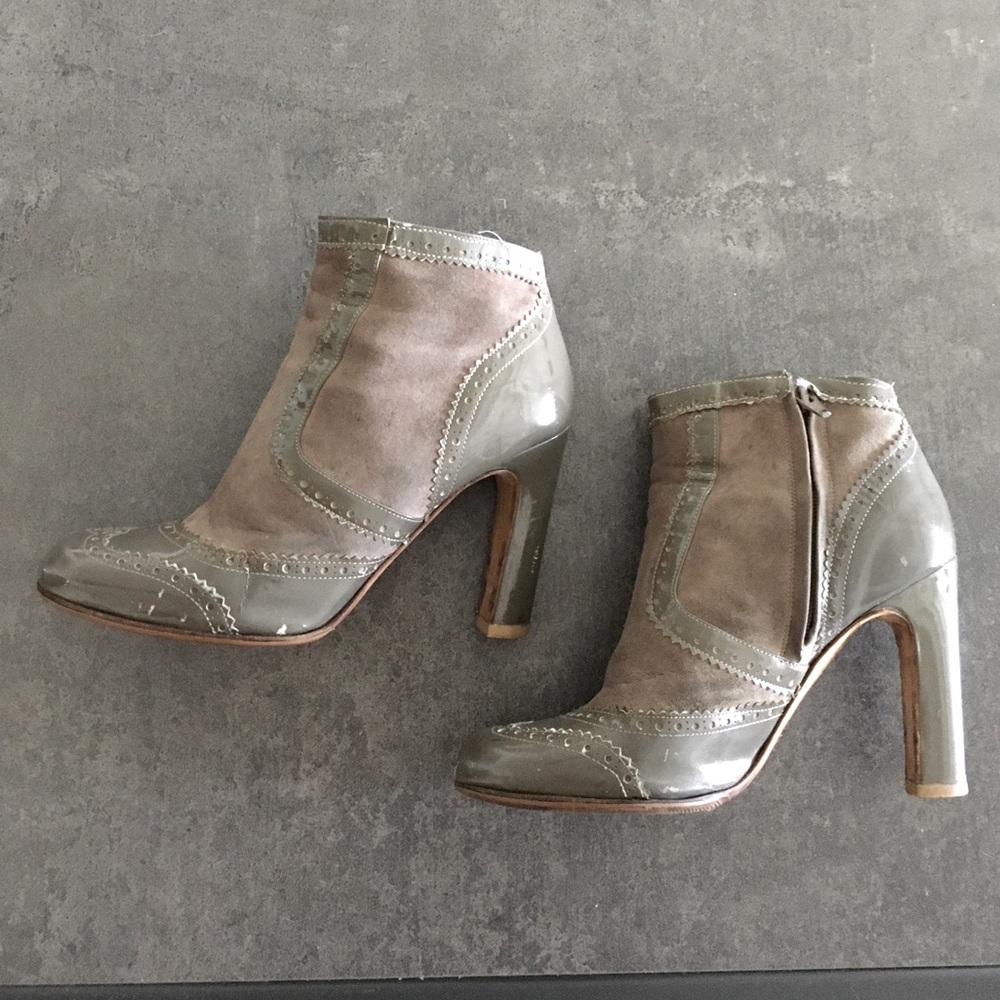 Alexandra Neel suede and patent leather ankle booty block heel